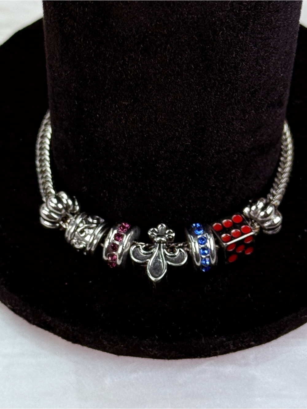 Silver Tone European Charm Bracelet Fleur de Lis Dice Crystal Charms